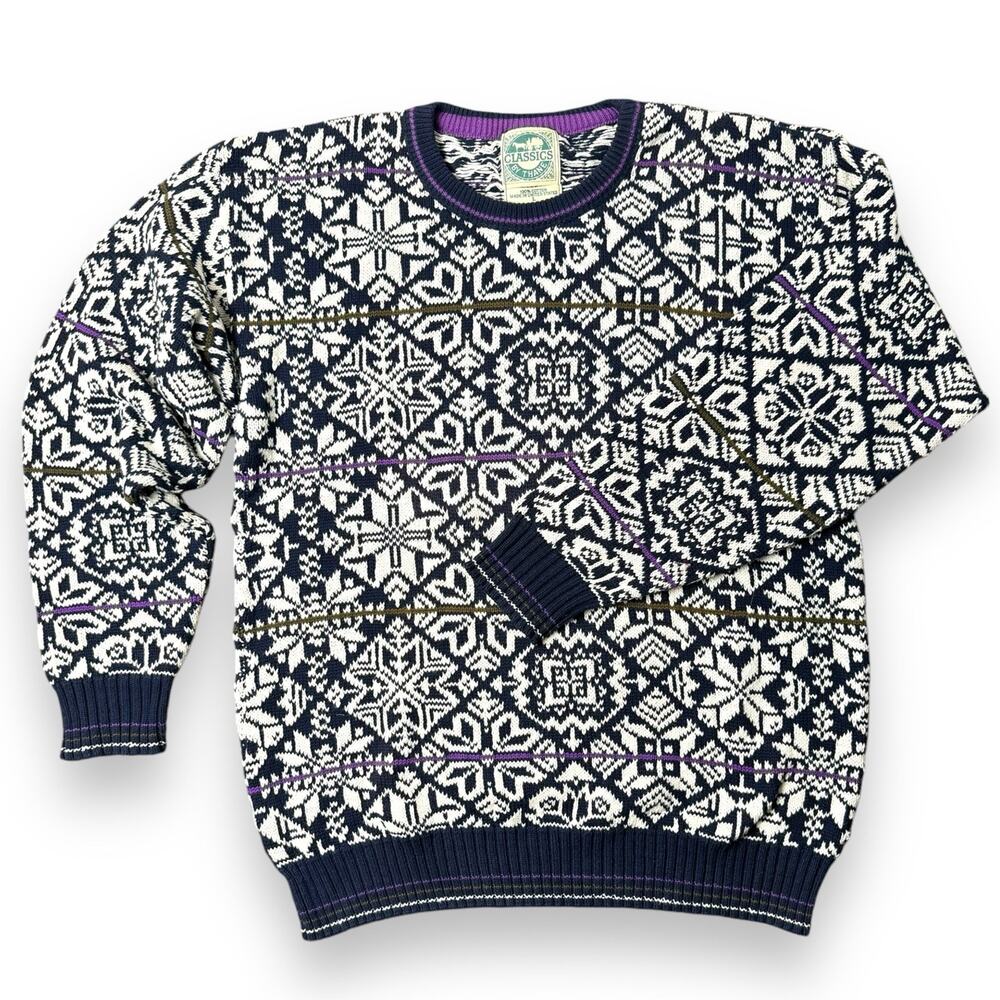Vintage Nordic Snowflake Sweater Unisex L Knit Pullover Retro Winter Jumper USA